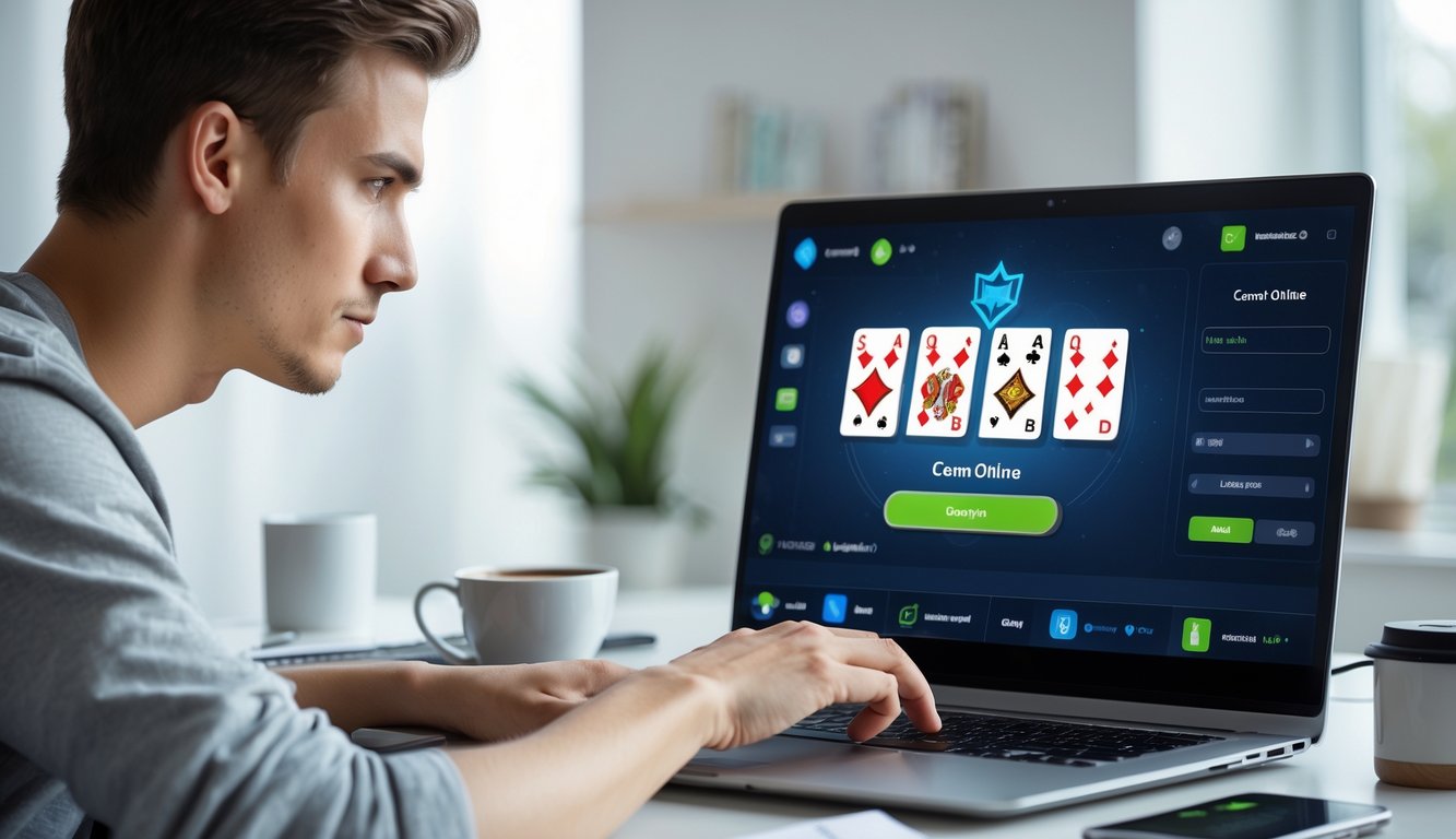 Seorang pria muda duduk di depan laptop yang menampilkan permainan kartu online, dengan suasana ruangan yang tenang dan fokus.