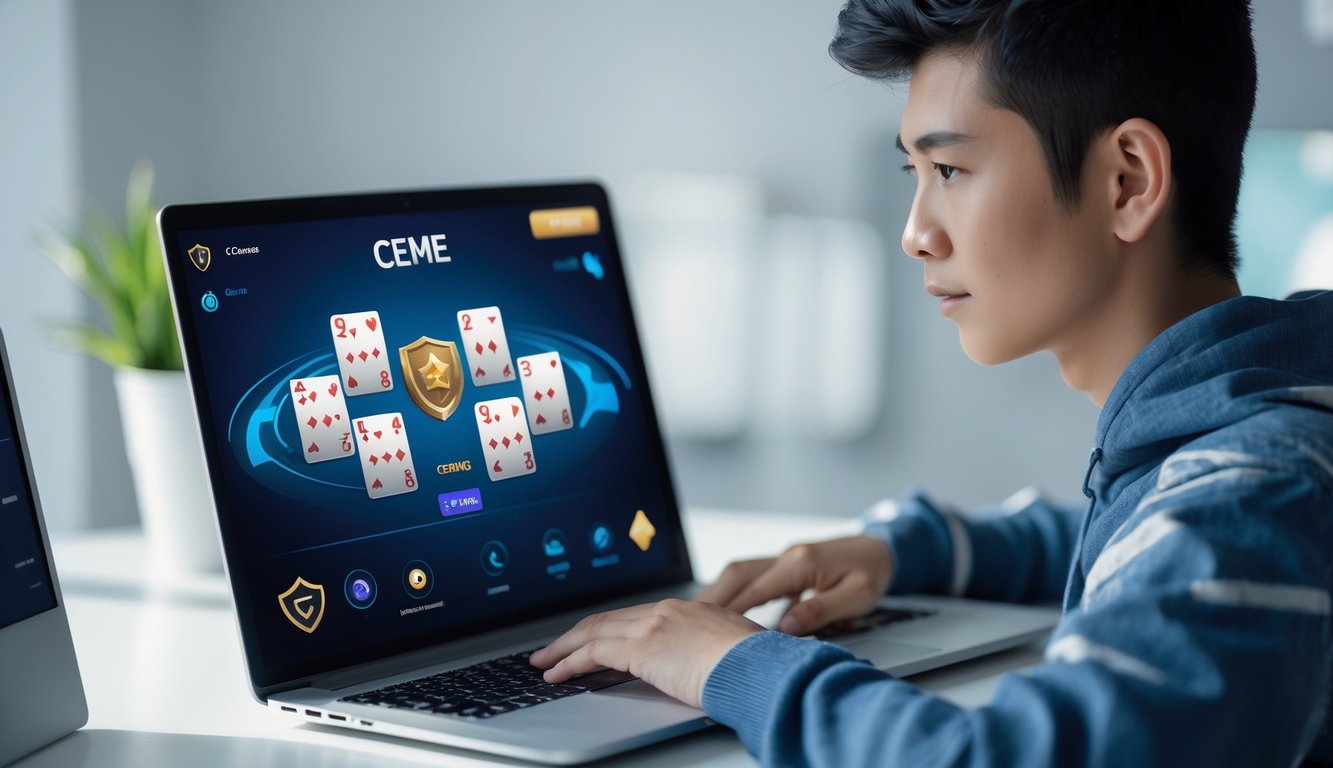 Seorang dewasa muda sedang bermain permainan kartu Ceme secara online di laptop di ruang kerja yang rapi dan terang.
