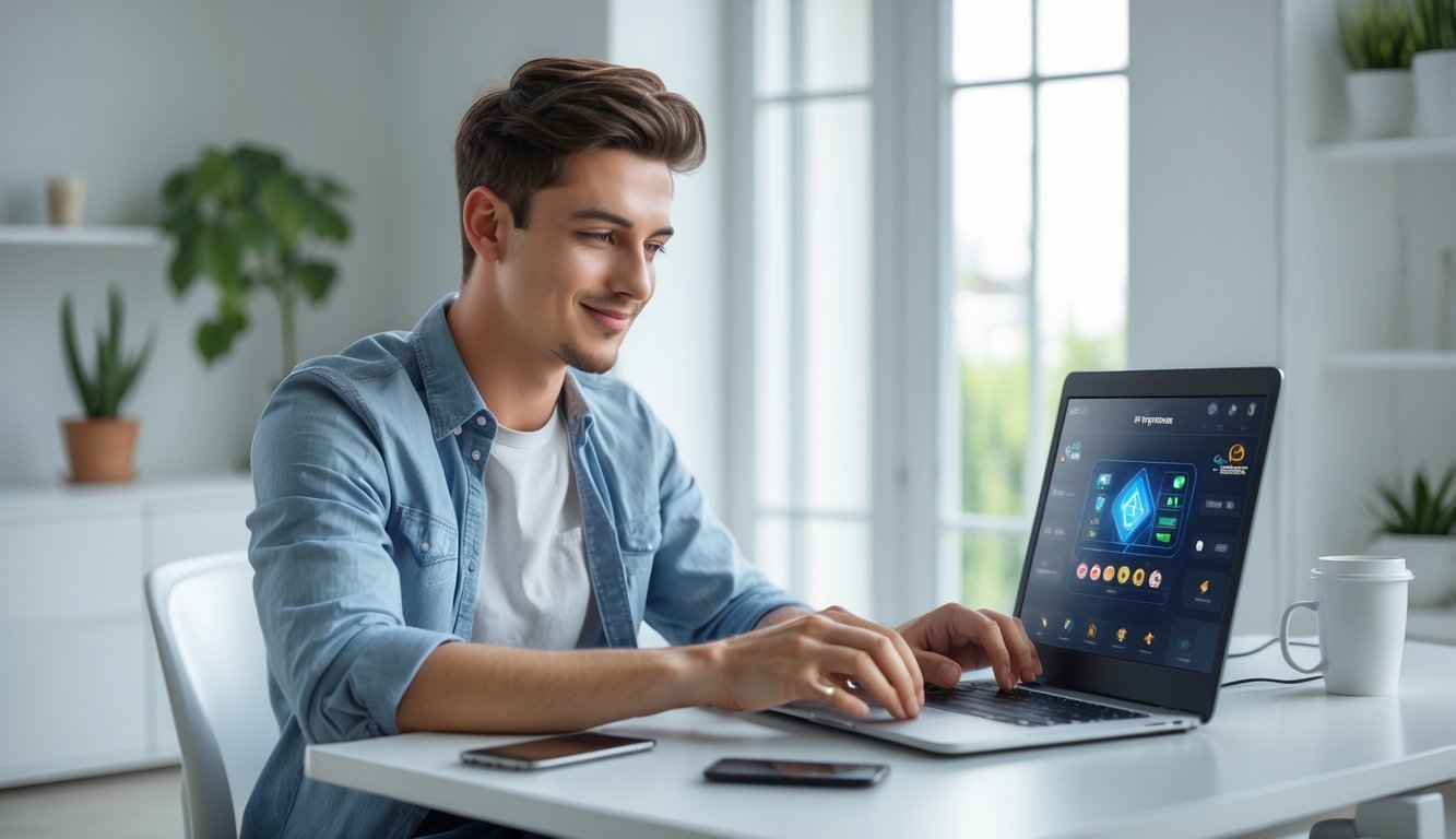 Seorang pria muda duduk di meja dengan laptop, fokus dan tersenyum sambil bermain permainan kartu online di ruang kerja yang terang dan rapi.