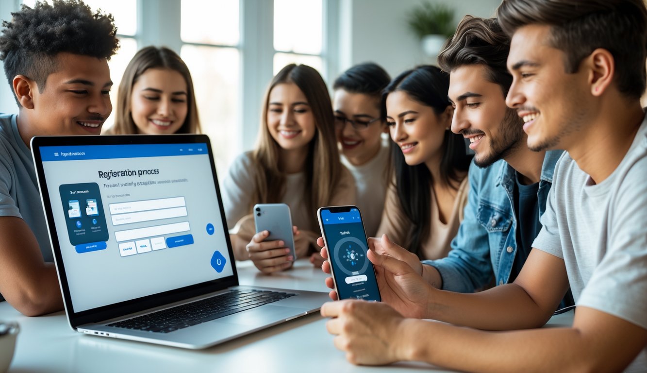 Beberapa orang muda sedang menggunakan laptop dan ponsel untuk mendaftar dan bermain permainan kartu online di ruangan yang nyaman.