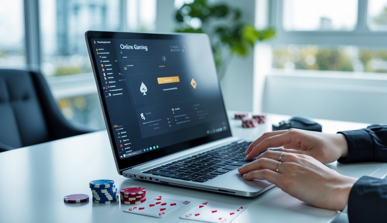 Seseorang menggunakan laptop di meja kerja dengan chip poker dan kartu remi, menunjukkan suasana permainan kartu online yang aman dan mudah.