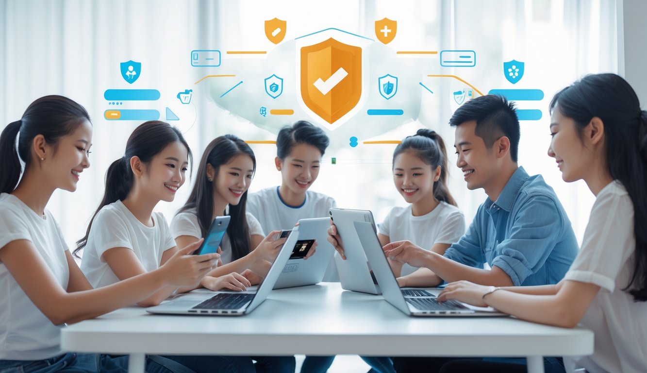 Sekelompok orang muda bermain permainan kartu online Ceme dengan perangkat digital di meja, terlihat fokus dan santai dalam ruangan modern.