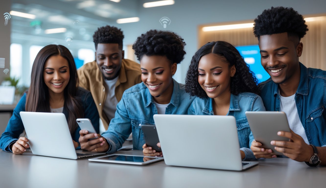 Sekelompok orang muda menggunakan perangkat digital di ruang kerja modern sambil menikmati hiburan online dengan ekspresi senang dan fokus.