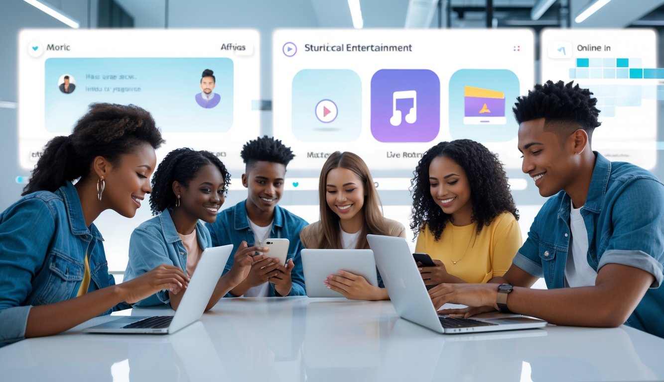 Sekelompok orang muda menggunakan perangkat digital di ruang kerja modern yang terang dan rapi, dengan latar belakang elemen antarmuka digital yang menunjukkan pilihan hiburan online.