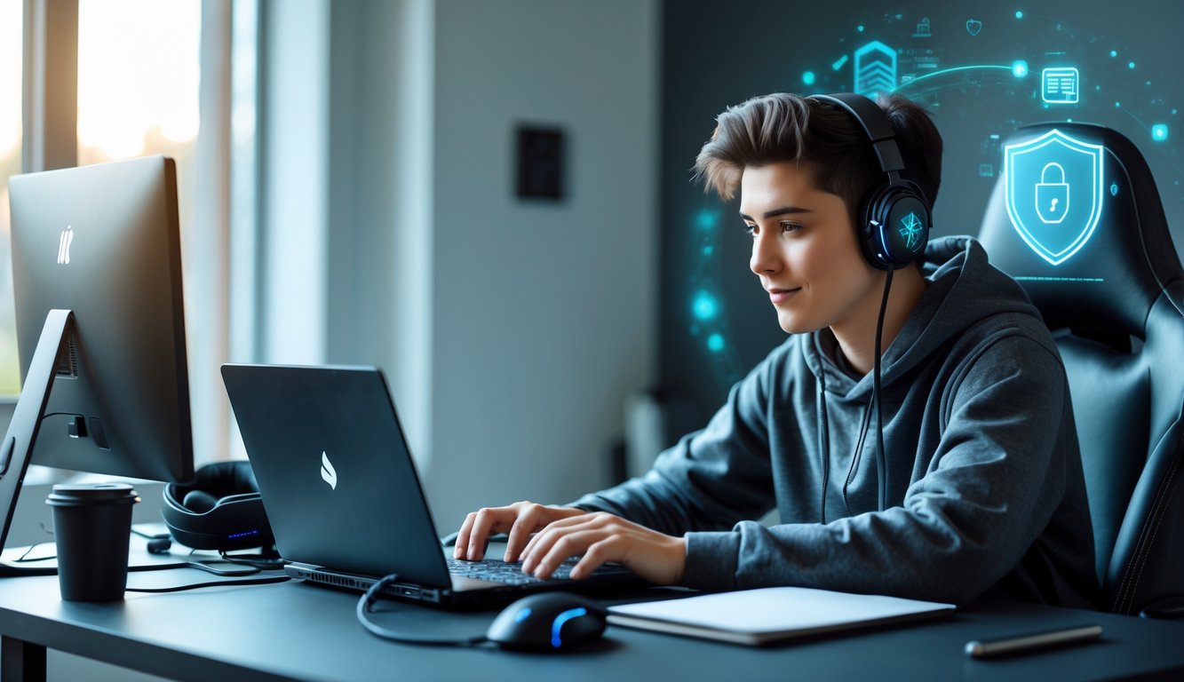 Seorang dewasa muda duduk di meja dengan laptop, menggunakan akses internet stabil untuk mendaftar di situs game online, dengan perlengkapan gaming di meja dan suasana yang terang.