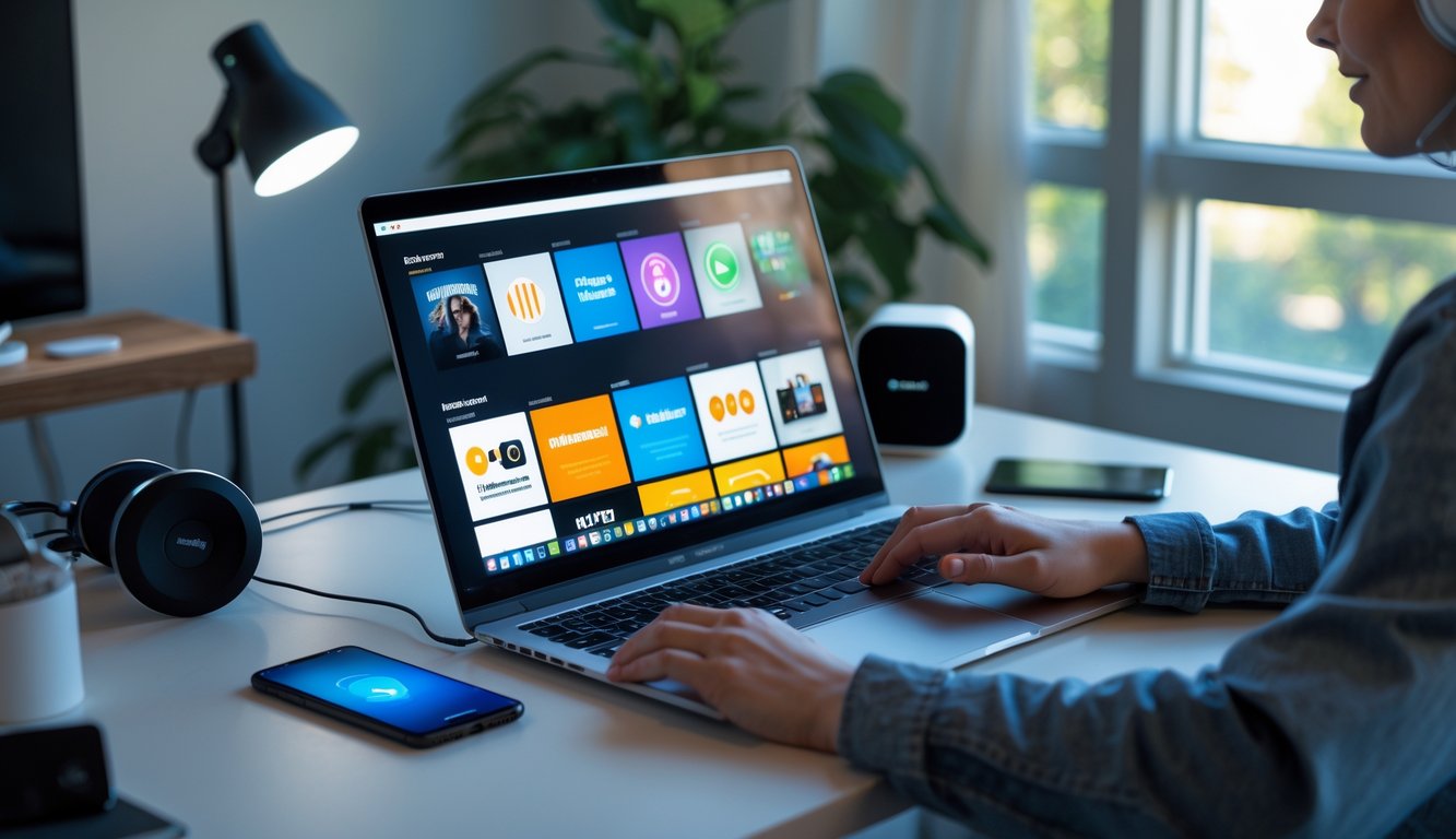 Seseorang duduk di meja kerja menggunakan laptop dengan beberapa perangkat teknologi di sekitarnya, terlihat santai dan fokus pada hiburan online.