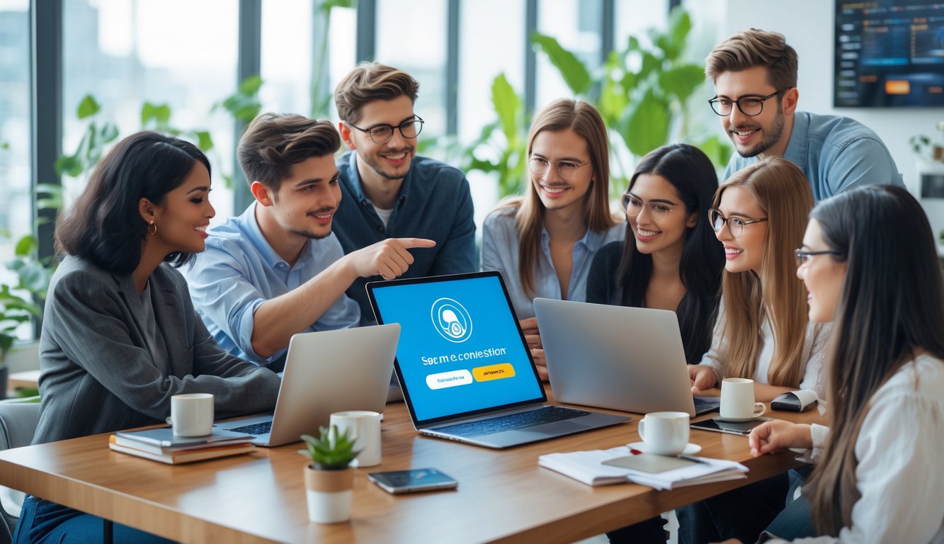 Sekelompok orang muda sedang berdiskusi di meja kerja dengan perangkat digital yang menampilkan aplikasi hiburan online.