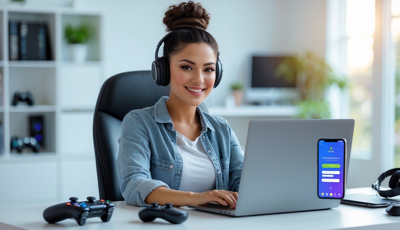 Seorang wanita muda duduk di meja dengan laptop, tersenyum saat mendaftar di situs game online terpercaya, dengan perlengkapan game di sekitarnya.