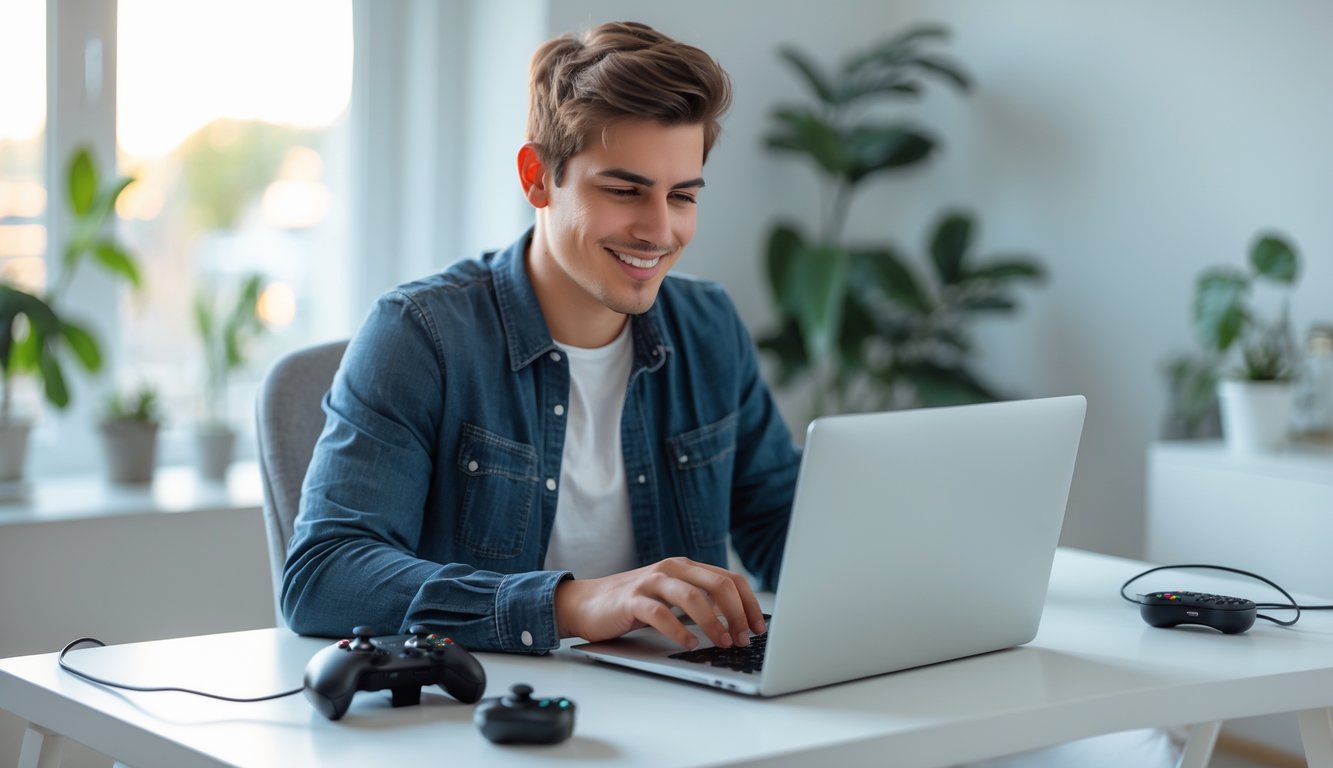 Seseorang muda duduk di meja dengan laptop, sedang mendaftar di situs game online terpercaya di ruang kerja yang cerah dan rapi.