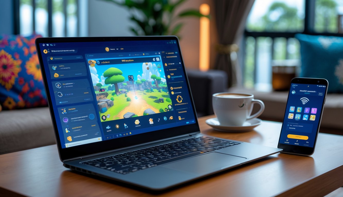 Seorang pengguna duduk di depan laptop yang menampilkan permainan online dengan sinyal Wi-Fi kuat dan ponsel di sampingnya di ruangan dengan dekorasi khas Indonesia.