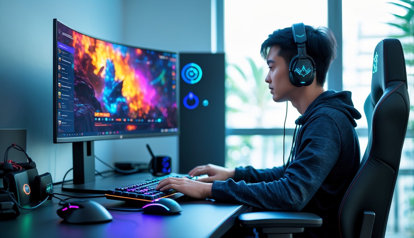 Seorang dewasa muda bermain game online di depan komputer dengan peralatan gaming di meja, di ruangan yang terang dan rapi.