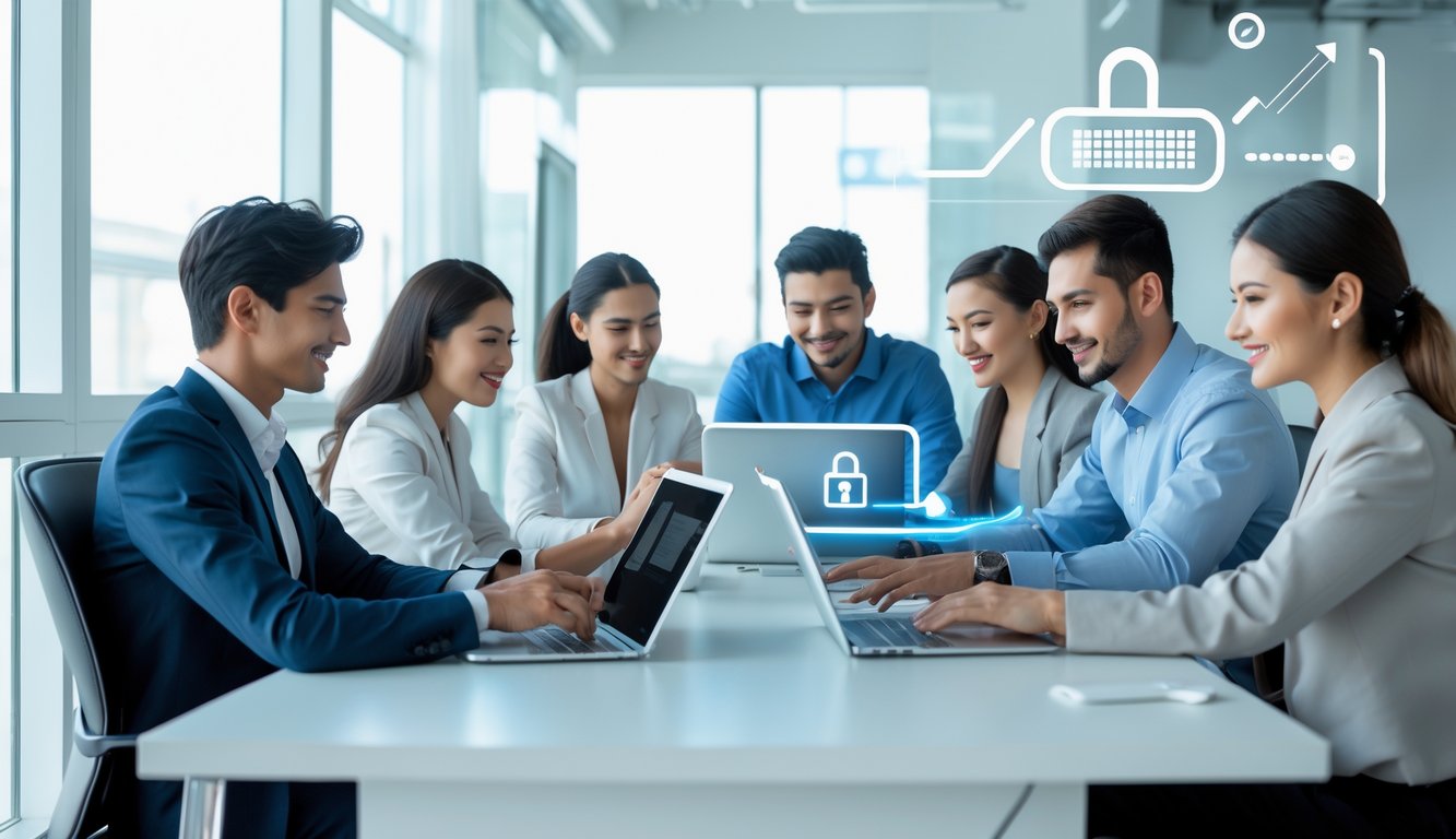 Beberapa profesional muda sedang menggunakan laptop di ruang kerja modern dengan pencahayaan alami, fokus pada proses pendaftaran platform online yang aman dan lancar.