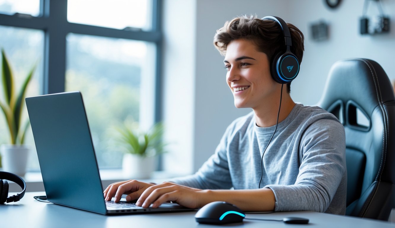 Seorang dewasa muda duduk di meja modern menggunakan laptop untuk mengakses platform game online dengan nyaman dan mudah.