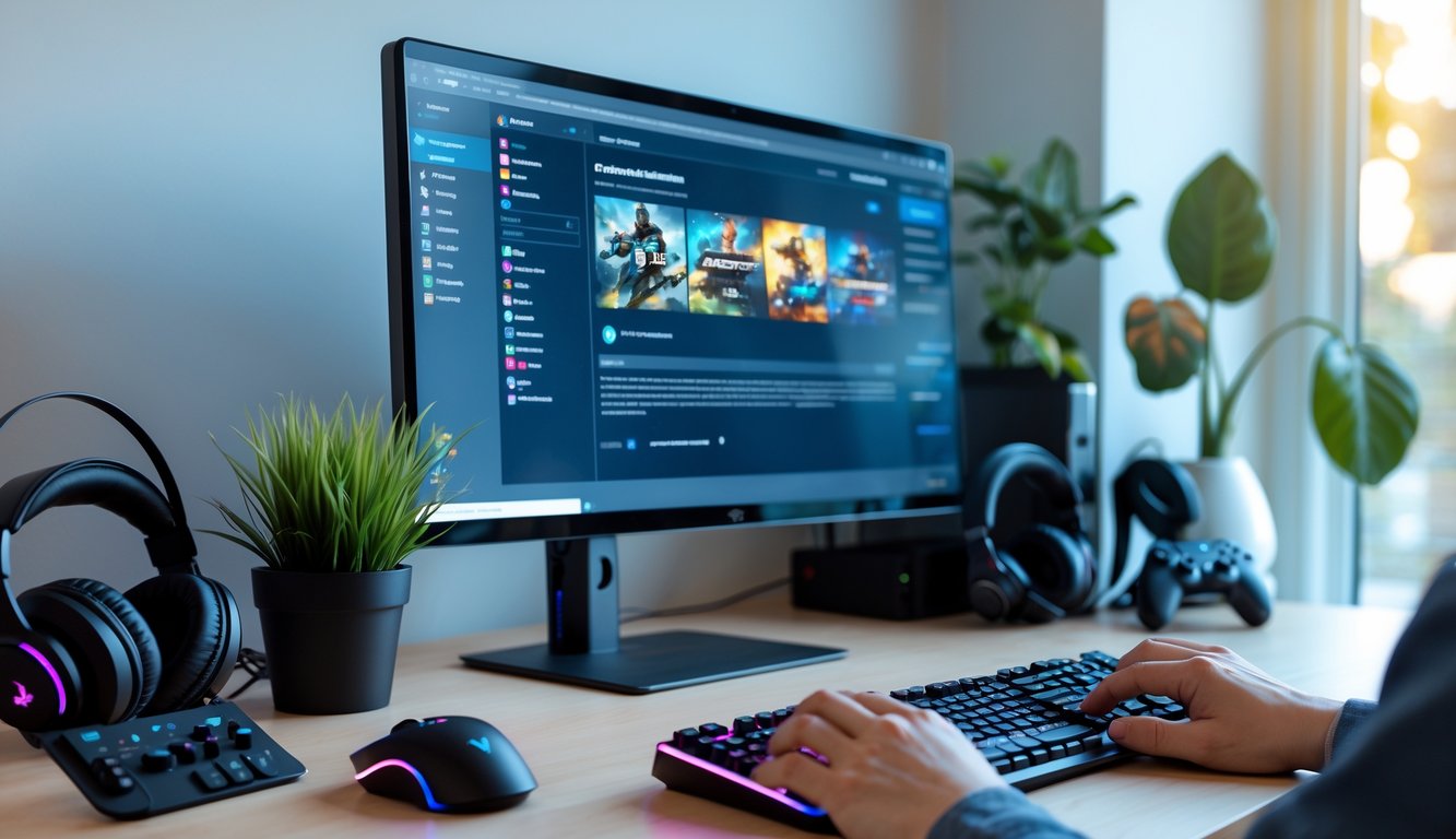 Seseorang menggunakan komputer di meja kerja yang rapi dengan layar menampilkan platform game online, dilengkapi dengan mouse, keyboard, dan perlengkapan gaming di sekitar.
