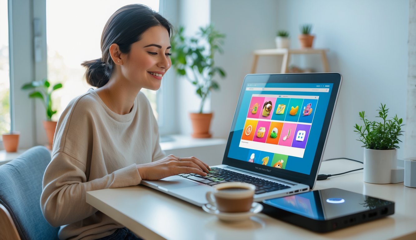 Seorang pemula sedang menggunakan laptop di meja modern dengan suasana terang dan nyaman, menelusuri platform hiburan online dengan ikon warna-warni di layar.