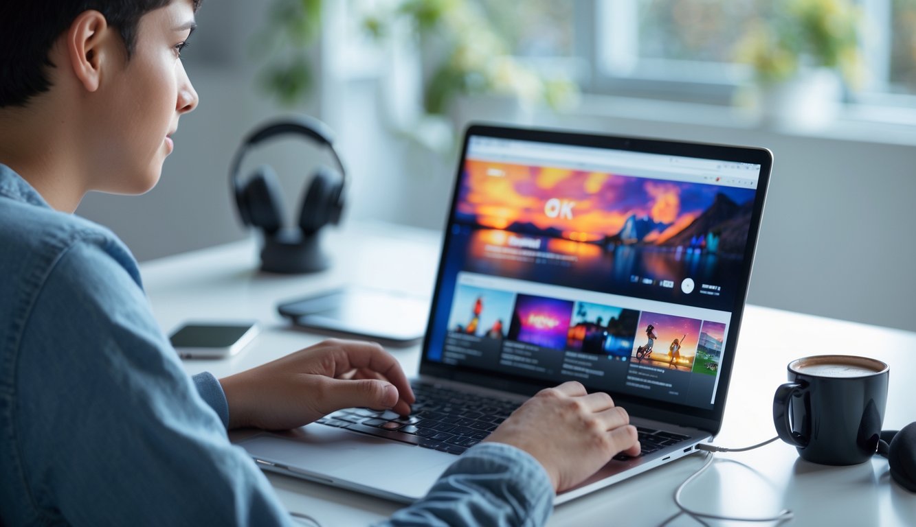 Seorang pengguna muda sedang menggunakan laptop dengan tampilan platform hiburan online yang jelas dan cepat, dikelilingi oleh headphone, ponsel, dan secangkir kopi di meja kerja yang terang.