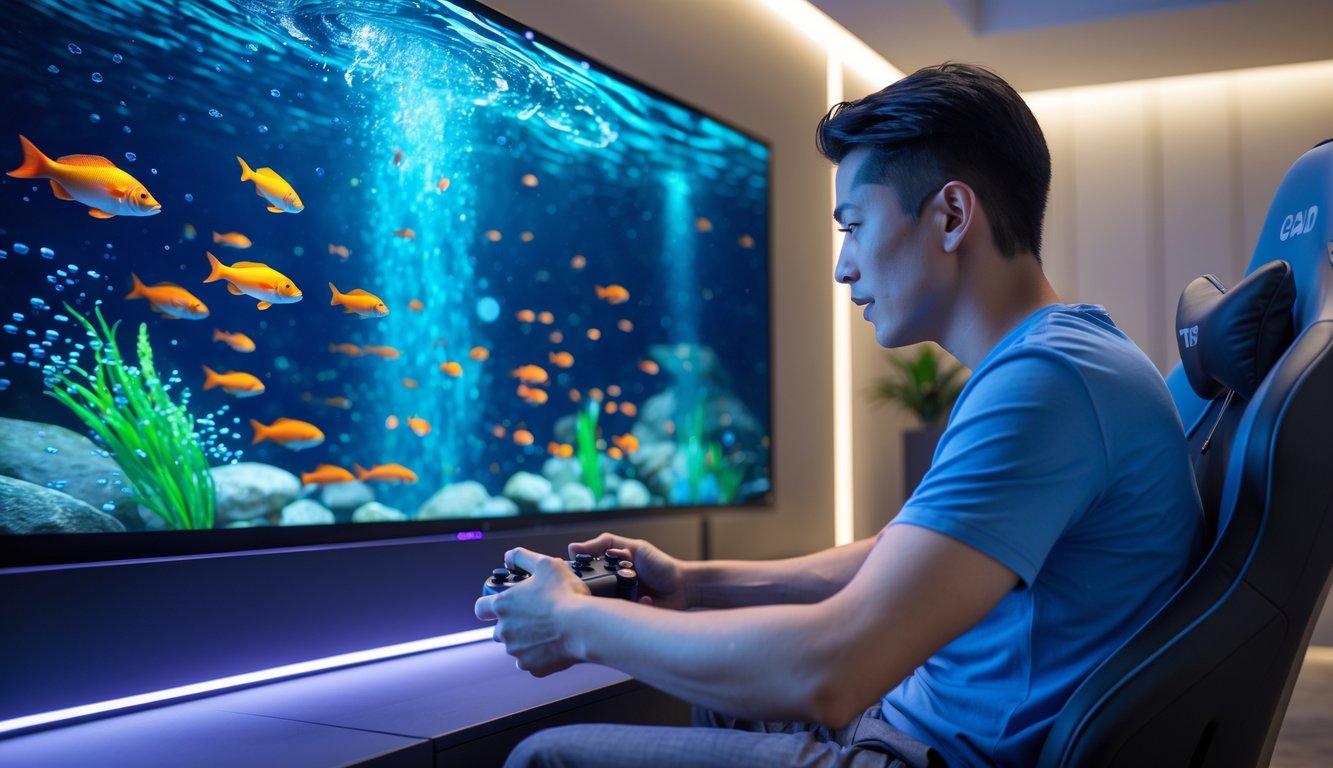 Seorang pria dewasa sedang bermain permainan tembak ikan di layar digital besar dengan latar belakang bawah laut yang penuh warna.