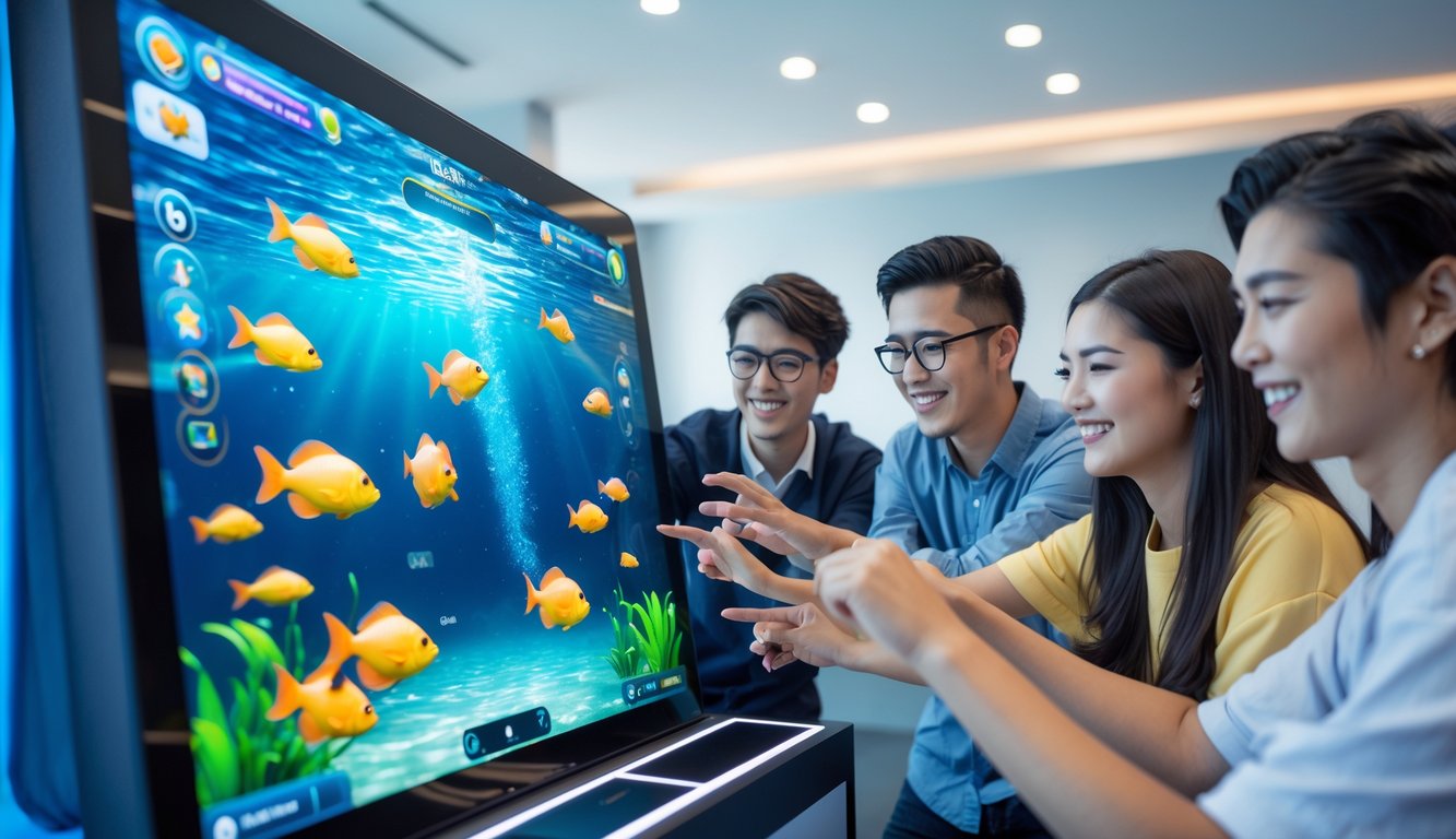Beberapa orang muda sedang bermain permainan judi tembak ikan di layar sentuh dengan latar bawah laut berwarna-warni.