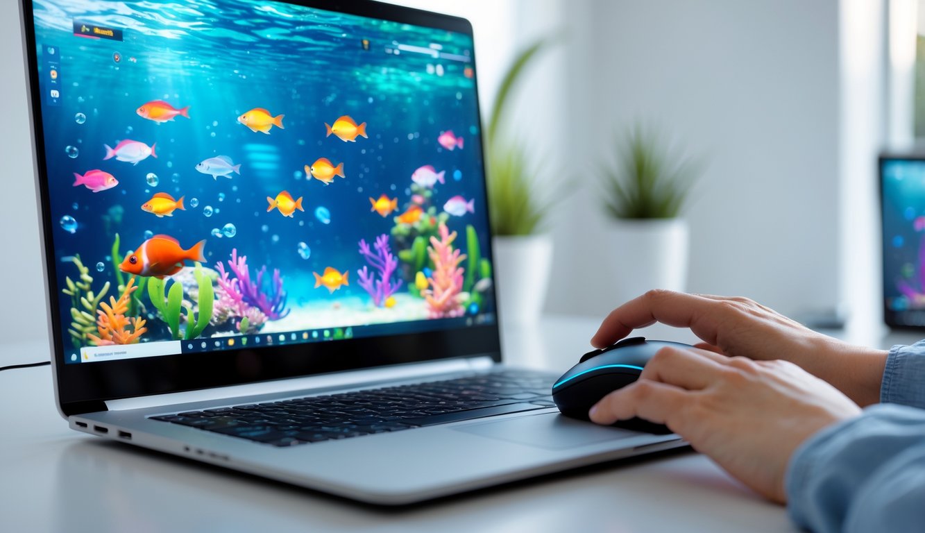 Seseorang sedang bermain permainan tembak ikan online di depan komputer dengan gambar ikan berwarna-warni di layar.