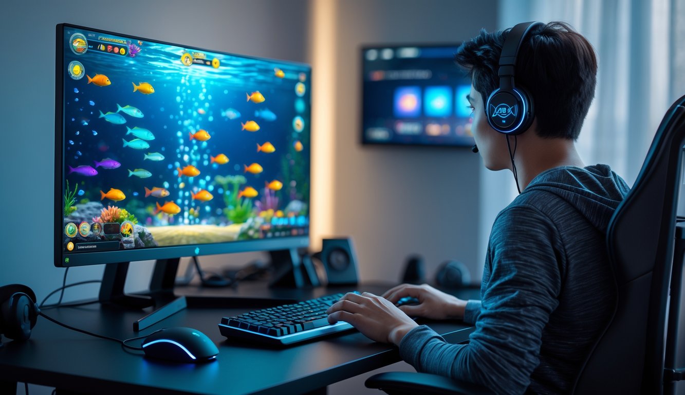 Seorang pemain dewasa sedang bermain permainan tembak ikan online di komputer di ruang kerja modern.