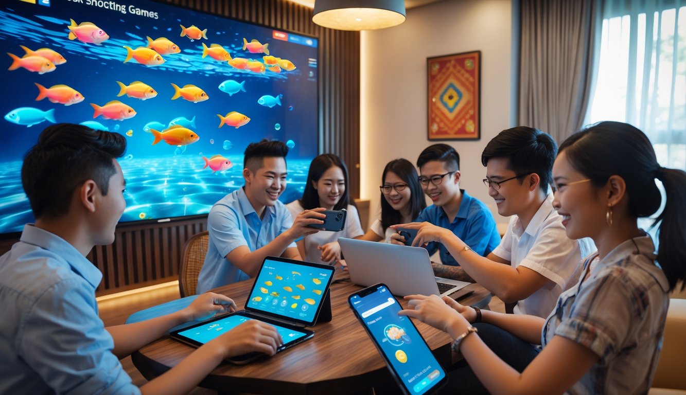 Beberapa orang muda bermain game tembak ikan secara online di ruangan yang nyaman dengan perangkat digital.
