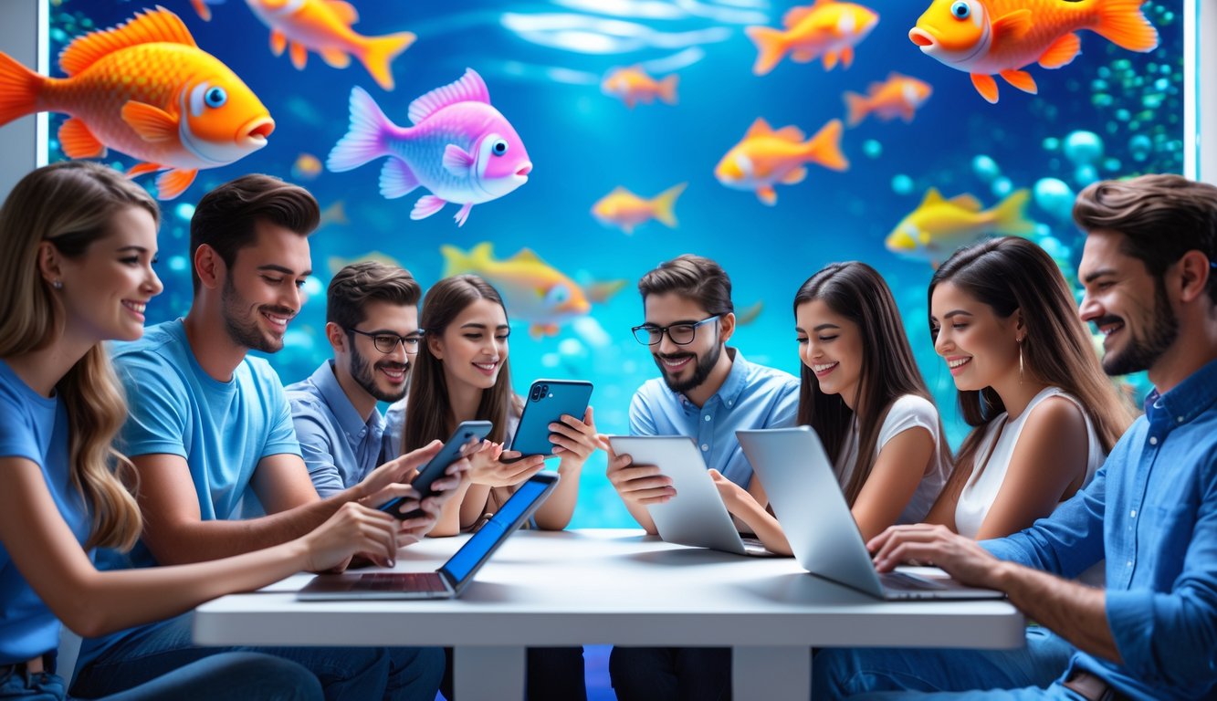 Sekelompok orang muda sedang bermain game tembak ikan secara online dengan latar belakang tema bawah laut berwarna-warni.