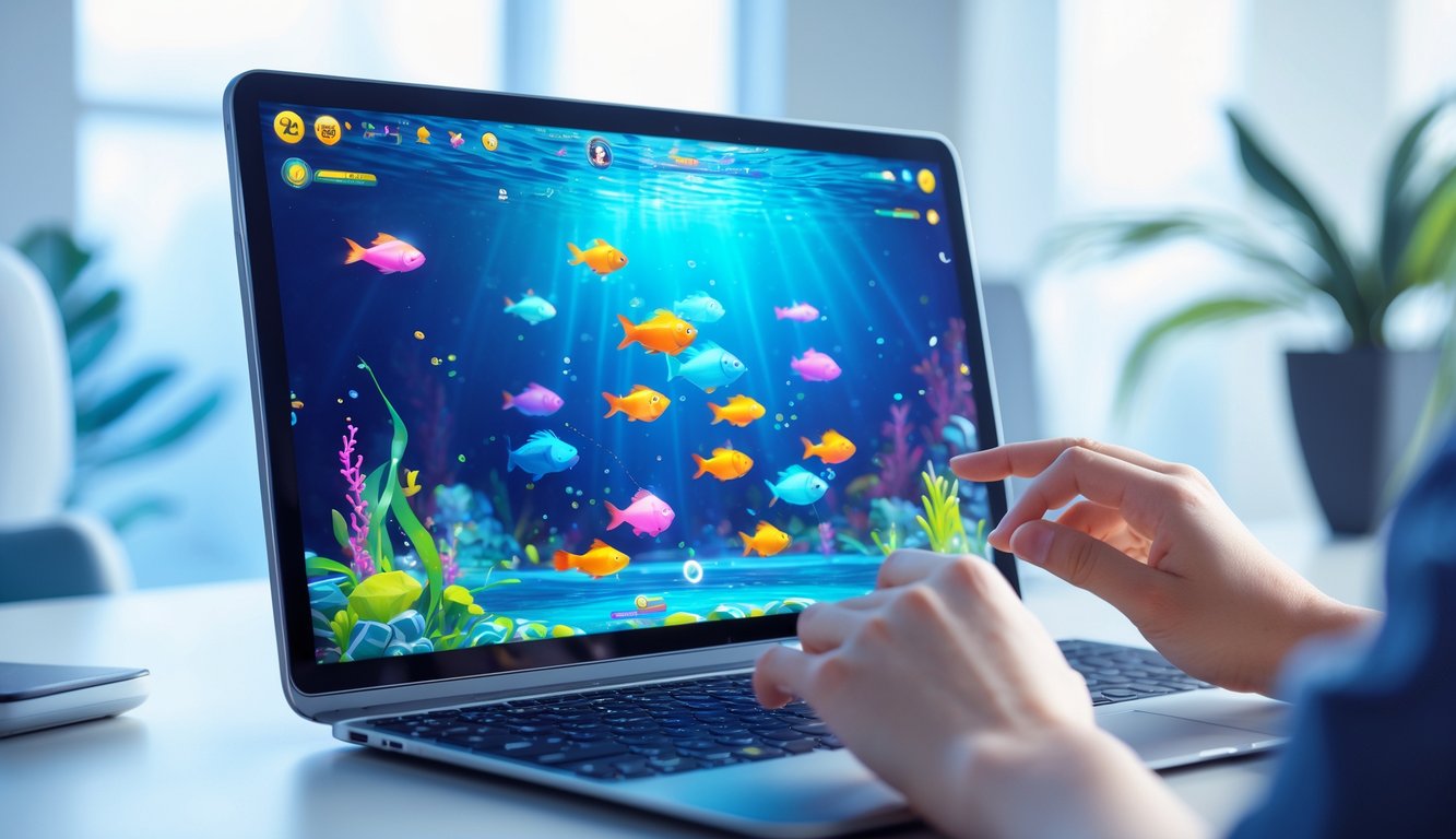 Seseorang sedang bermain game tembak ikan di perangkat digital dengan latar belakang bawah laut yang penuh ikan berwarna-warni.