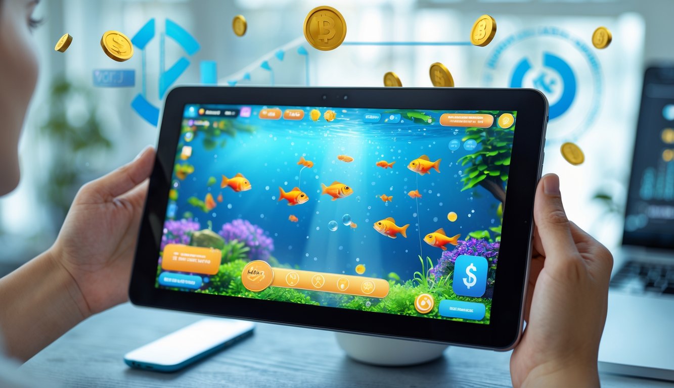 Seseorang memegang tablet yang menampilkan permainan tembak ikan dengan ikan warna-warni dan elemen permainan, di lingkungan yang nyaman dan terang.