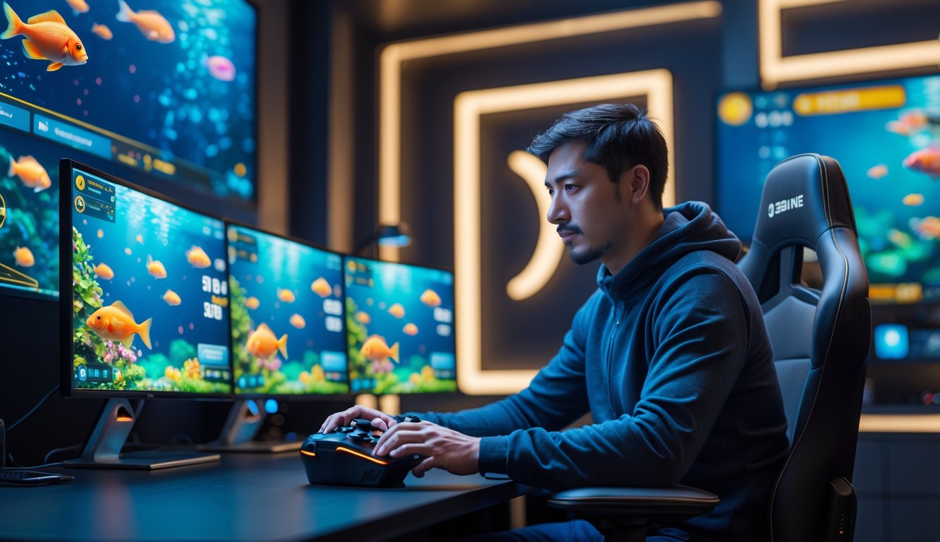 Seorang pemain dewasa fokus bermain game tembak ikan dengan beberapa monitor yang menampilkan ikan berwarna-warni di layar.