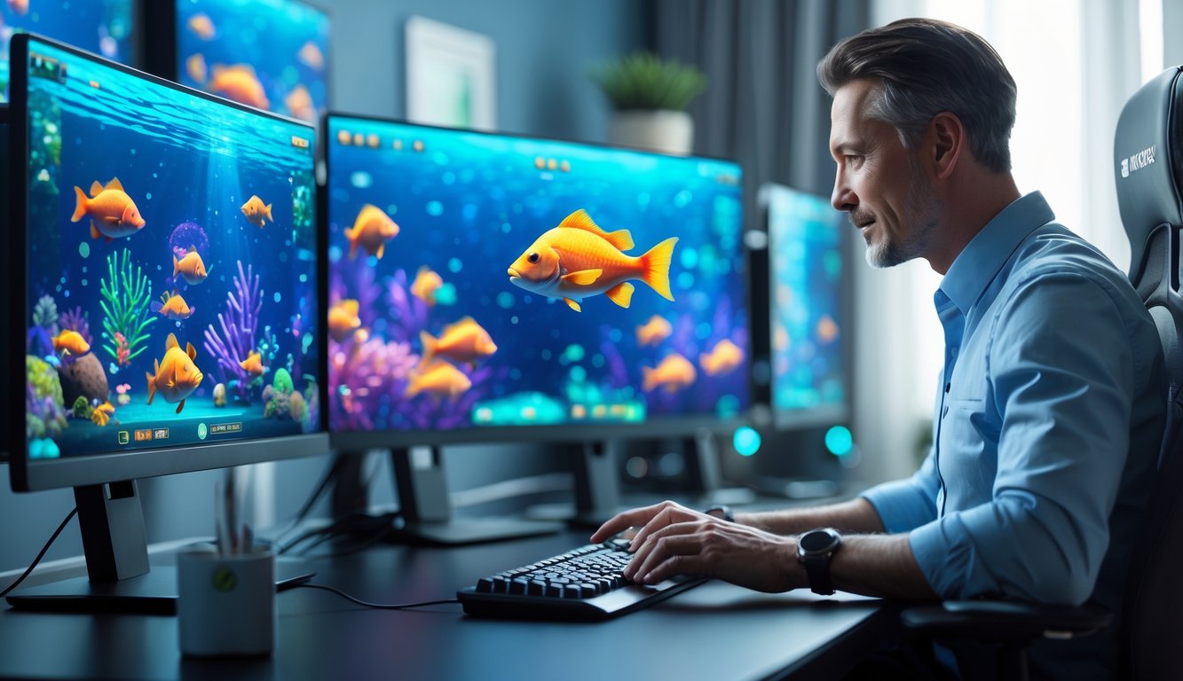 Seorang pemain dewasa sedang bermain permainan tembak ikan di komputer dengan beberapa layar menampilkan grafik bawah laut yang berwarna-warni.