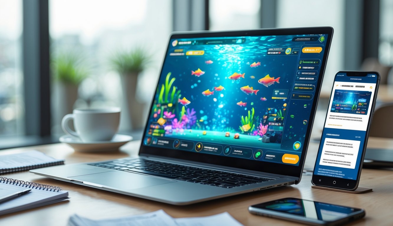 Seorang profesional sedang bekerja dengan laptop yang menampilkan permainan ikan tembak, di meja terdapat catatan dan ponsel, suasana kantor yang tenang dan terang.