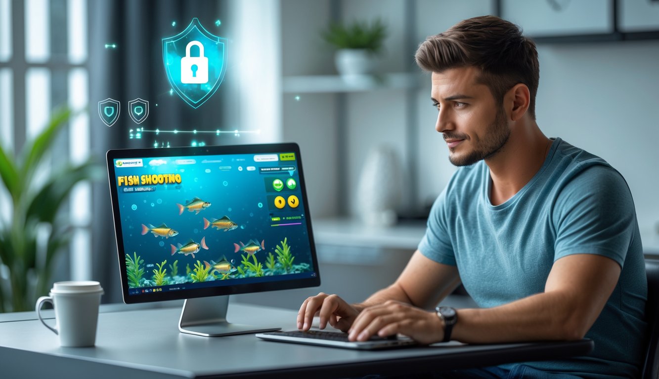 Seorang pria muda duduk di depan laptop dengan tampilan permainan tembak ikan di layar, terlihat fokus dan tenang di ruangan yang terang dan rapi.