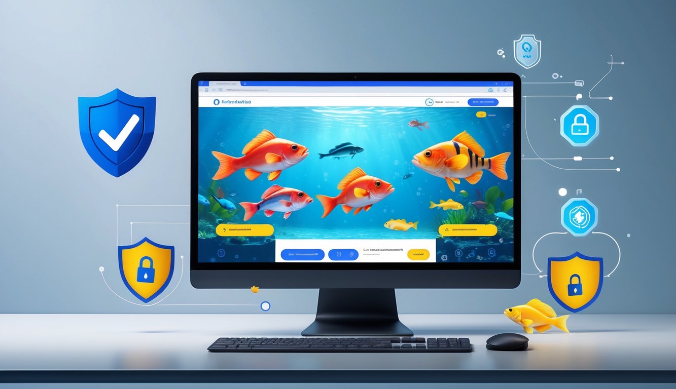 Sebuah komputer menampilkan permainan judi tembak ikan dengan simbol keamanan seperti gembok dan perisai di sekitarnya.