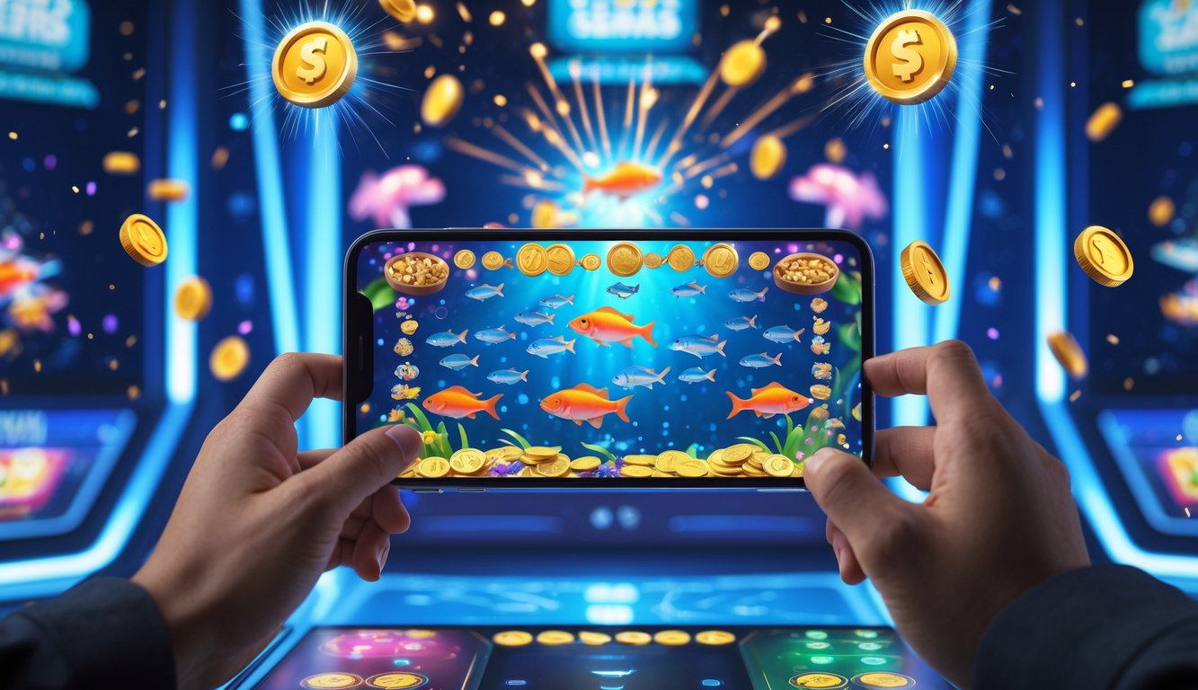 Tangan pemain yang memegang kontroler game sedang menembak ikan berwarna-warni di layar permainan dengan ikon jackpot dan efek perayaan di latar belakang.