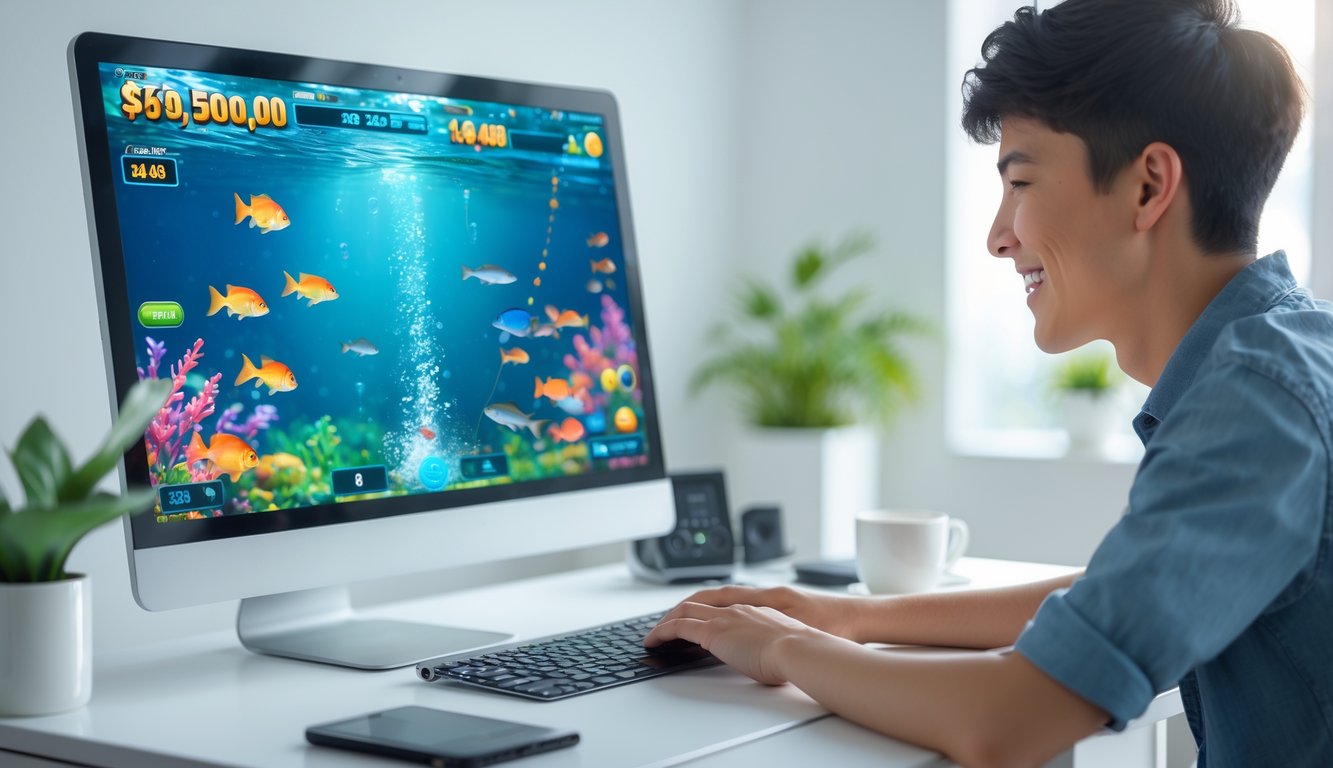 Seseorang sedang bermain permainan tembak ikan online di depan komputer dengan latar belakang meja kerja minimalis.