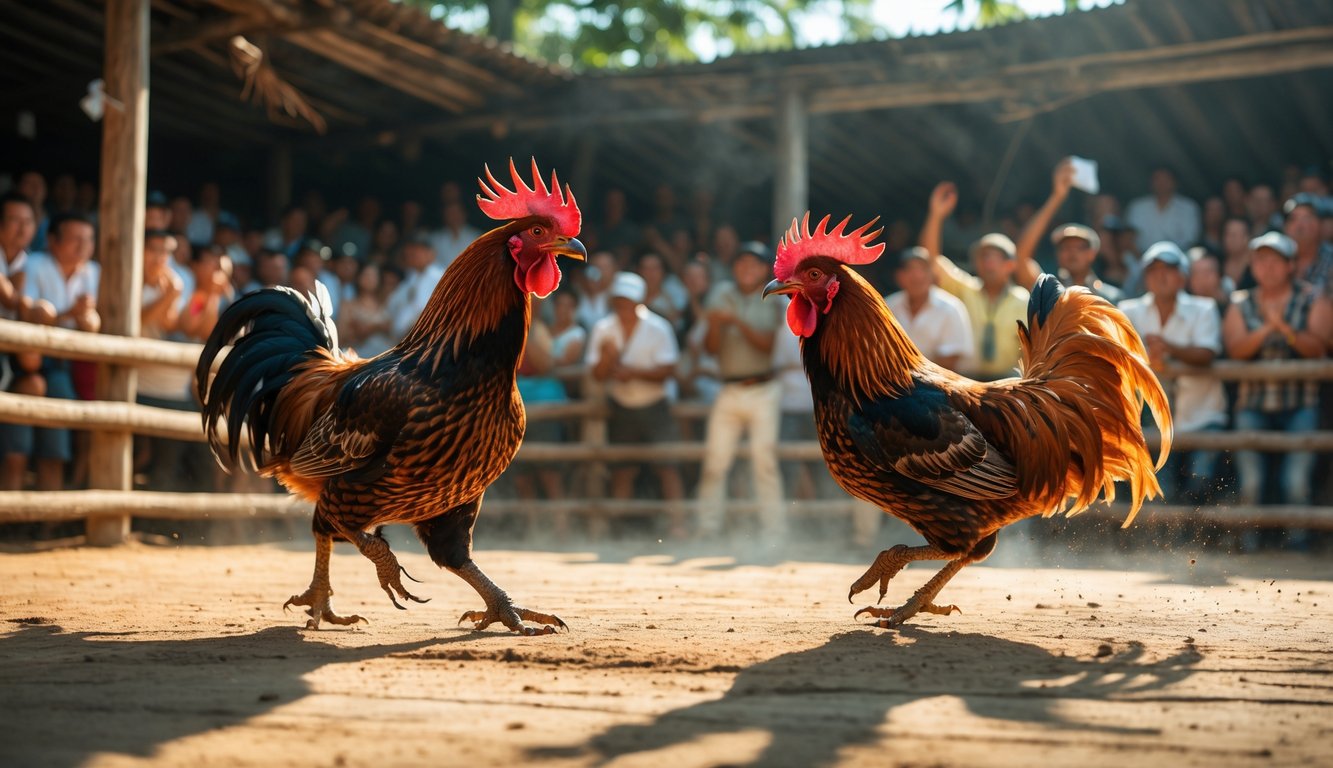 Dua ayam jantan sedang bertarung di arena kayu dengan penonton di latar belakang yang menonton dengan antusias.