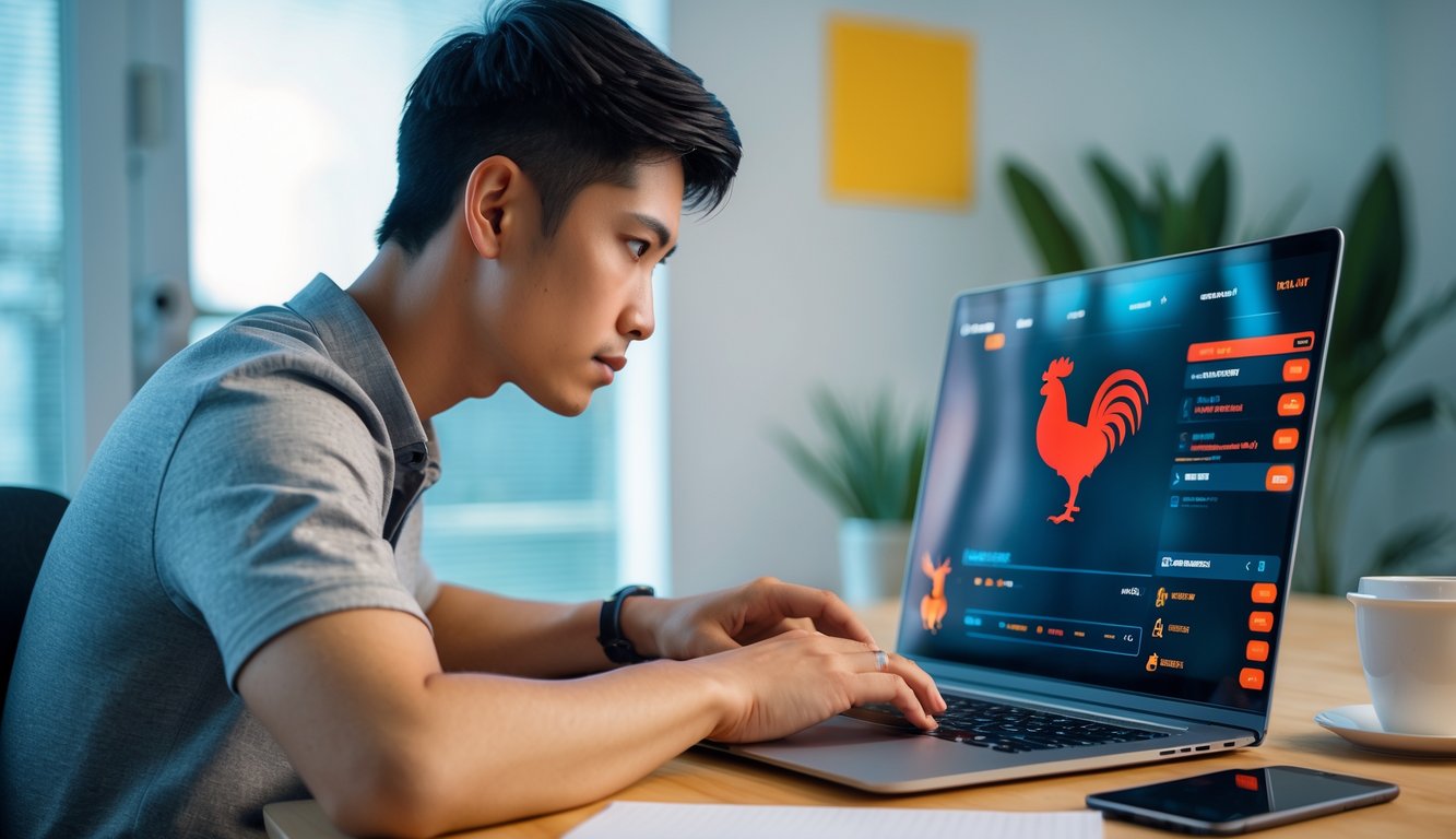 Seorang pria muda sedang fokus menggunakan laptop di meja kerja dengan latar ruang yang rapi dan terang.