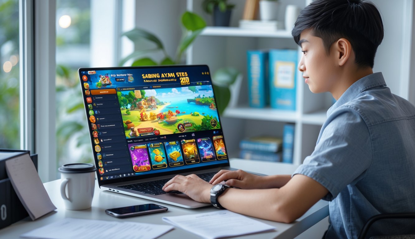 Seorang pemula sedang belajar bermain Sabung Ayam S128 di depan laptop di sebuah meja dengan suasana terang dan rapi.