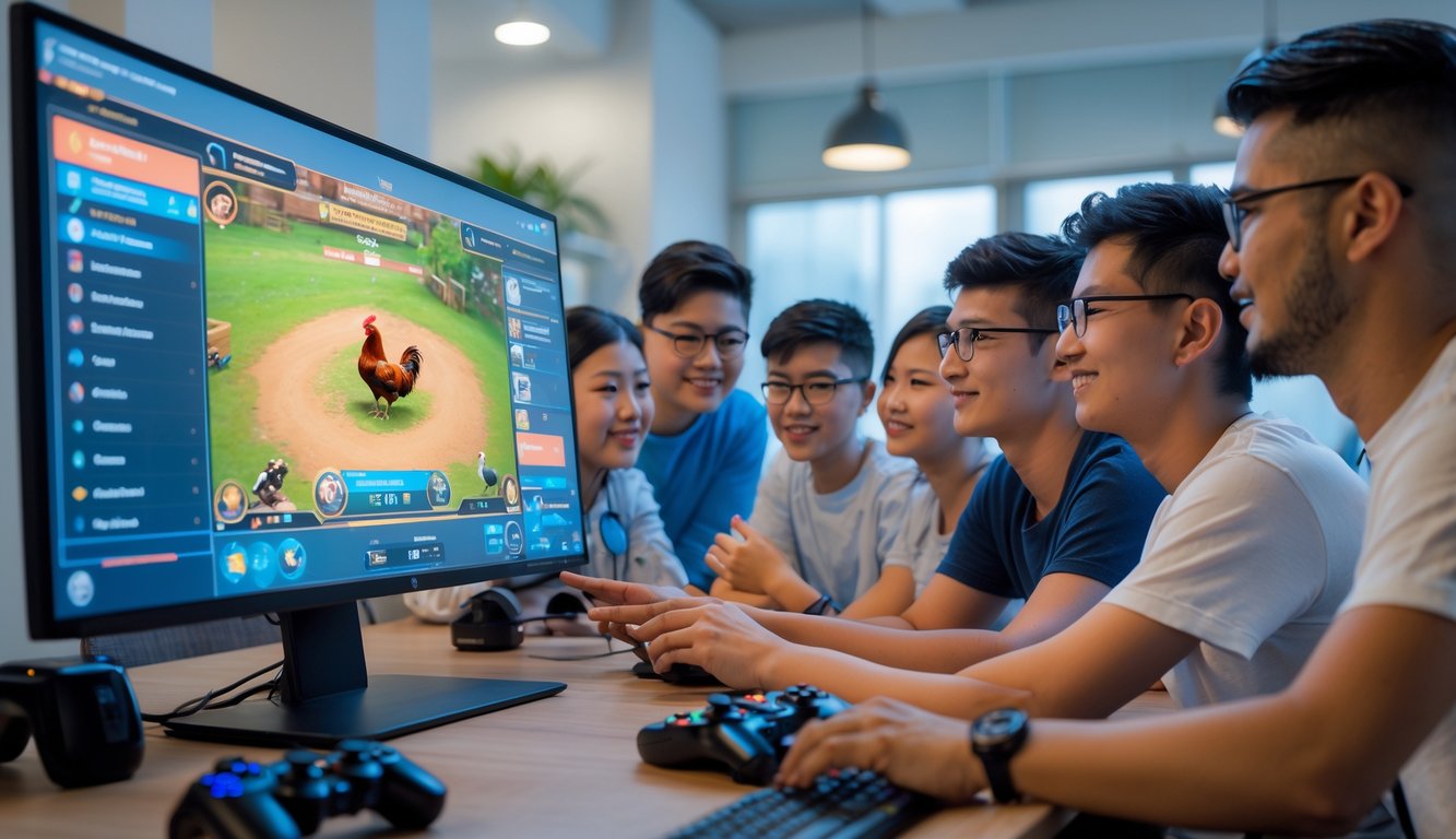 Sekelompok orang muda sedang belajar bermain permainan sabung ayam secara online di depan layar digital dalam ruangan yang terang.