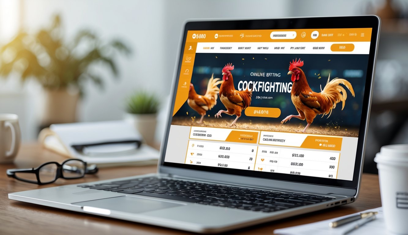 Orang menggunakan laptop dengan tampilan antarmuka taruhan ayam jago di meja kerja yang rapi.
