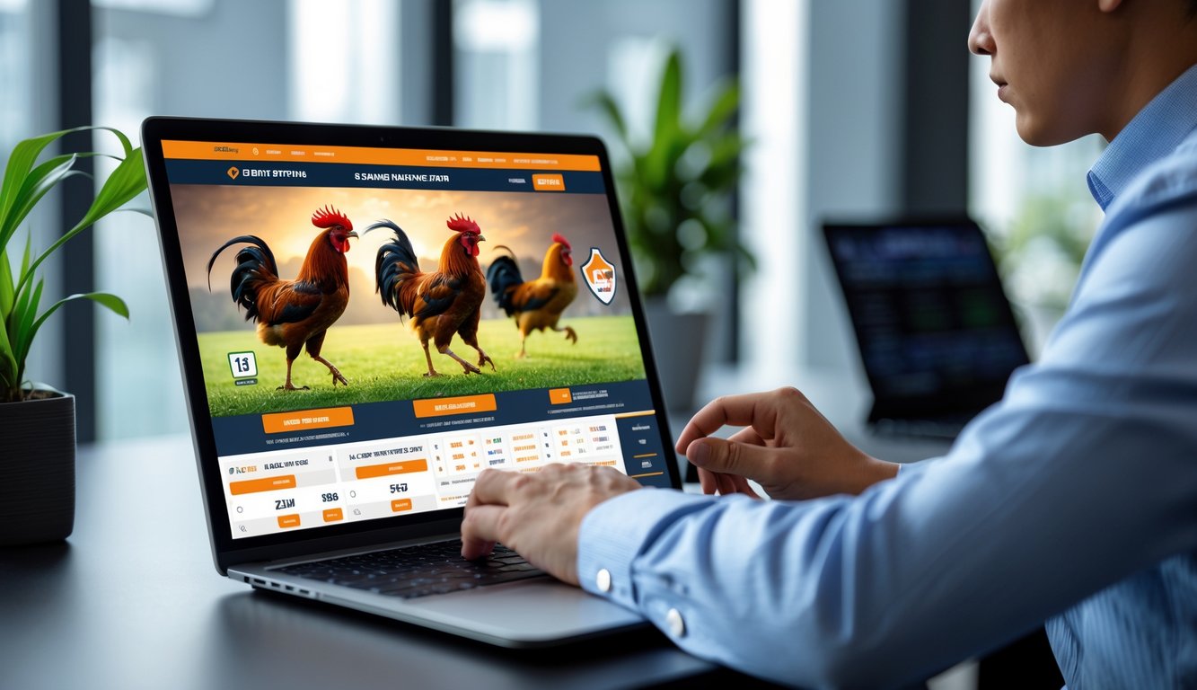 Seseorang menggunakan komputer dengan tampilan situs taruhan sabung ayam online yang terpercaya di ruang kerja yang rapi dan terang.