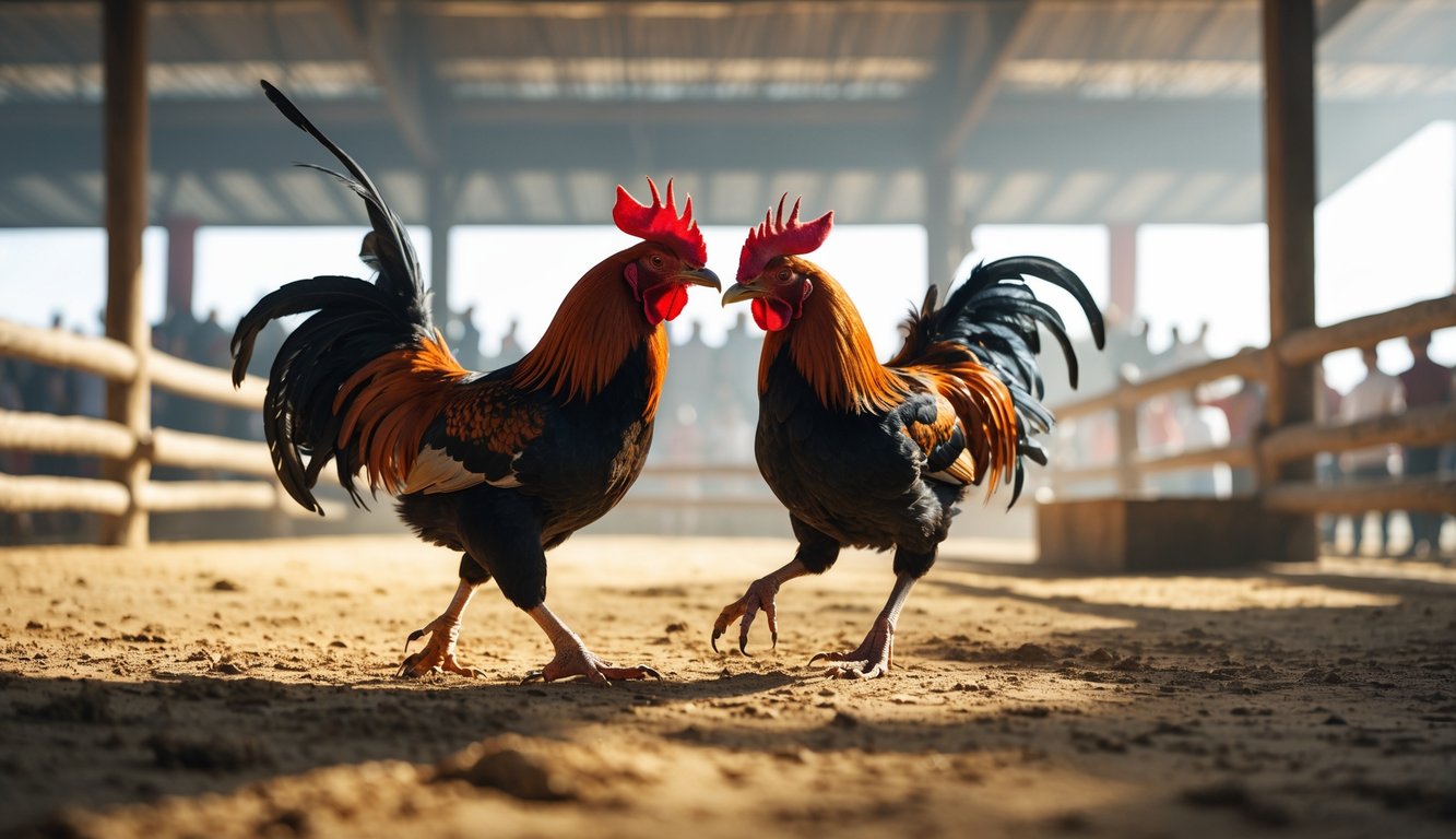 Dua ayam jantan sedang bertarung di arena dengan latar belakang penonton yang samar.