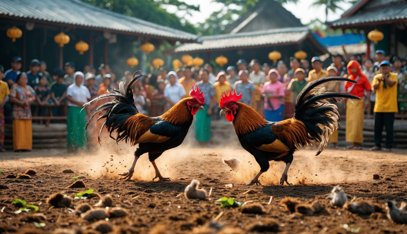 Dua ayam aduan sedang bertarung di arena dengan kerumunan penonton yang antusias di sekitarnya.