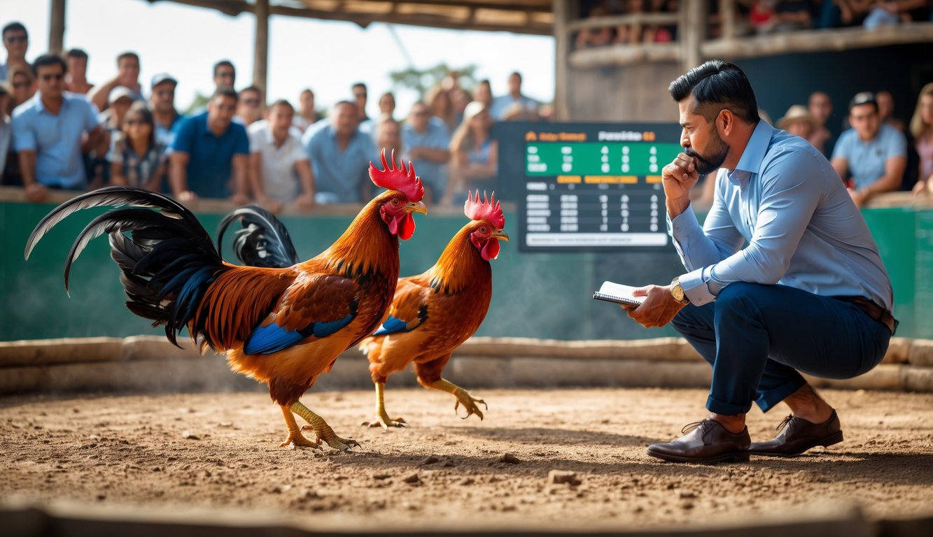Seorang pria mengamati pertarungan dua ayam jantan di arena sabung ayam dengan kerumunan penonton di sekitar.