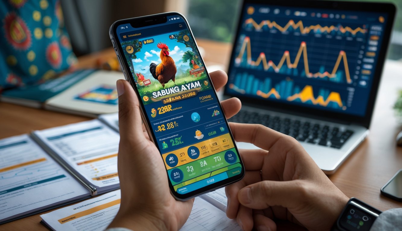 Seseorang sedang memegang ponsel dengan tampilan permainan Sabung Ayam S128, dikelilingi oleh catatan dan laptop di meja kerja.