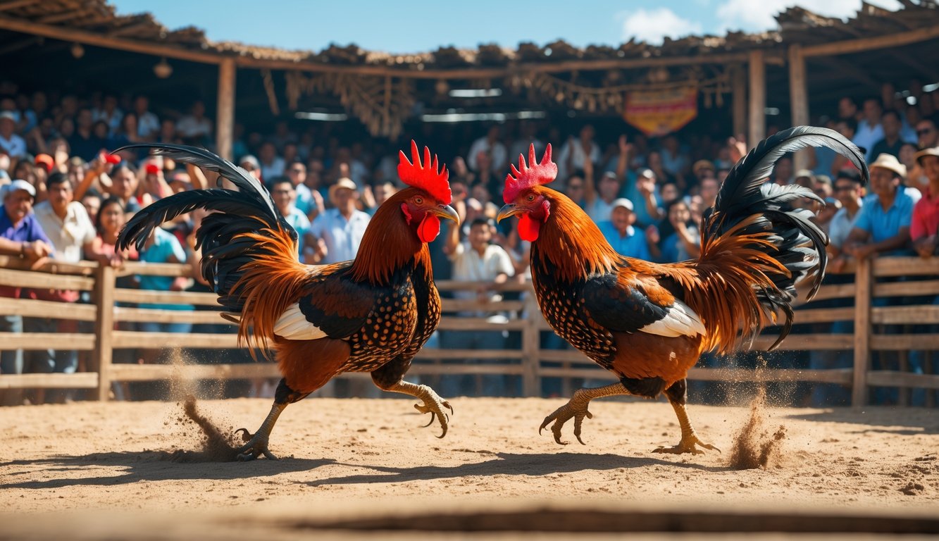 Dua ayam jago sedang bertarung di arena sabung ayam dengan penonton yang antusias di sekitarnya.