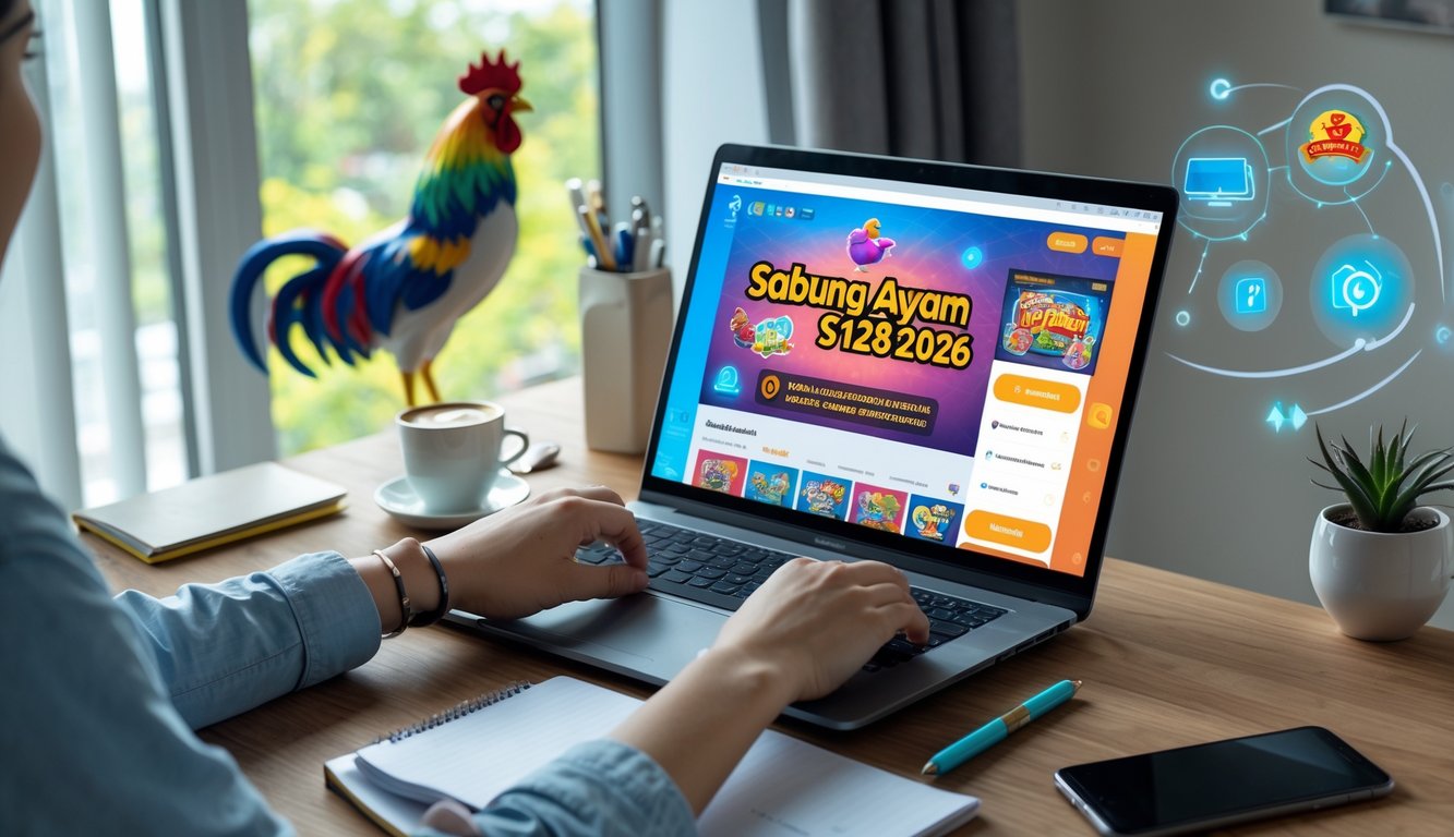 Seseorang menggunakan laptop di meja kerja dengan suasana ruangan yang terang dan nyaman, fokus pada layar komputer saat bermain permainan online.