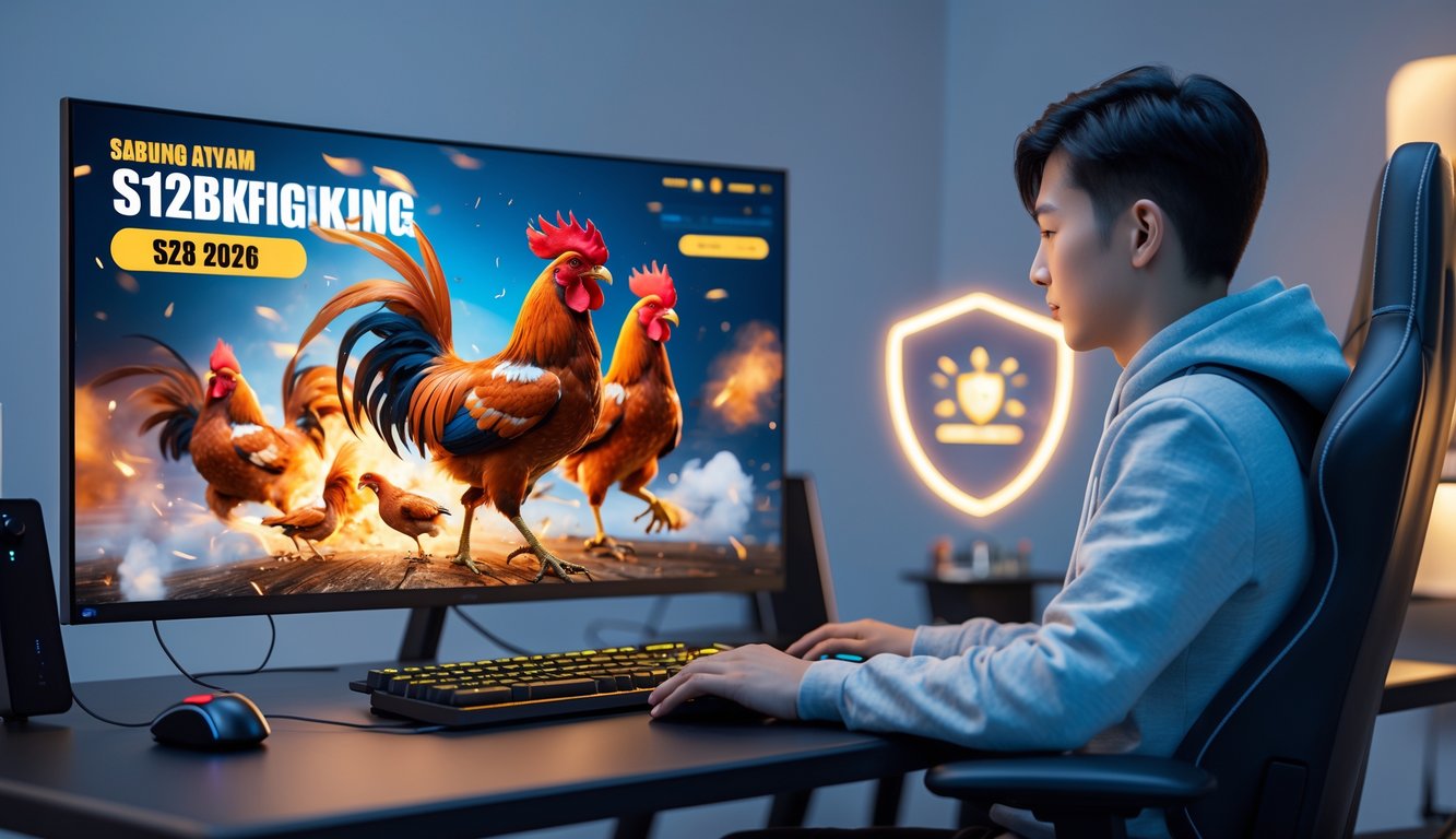 Seorang pemain duduk di depan komputer dengan layar menampilkan permainan sabung ayam digital, terlihat suasana nyaman dan aman dalam bermain.