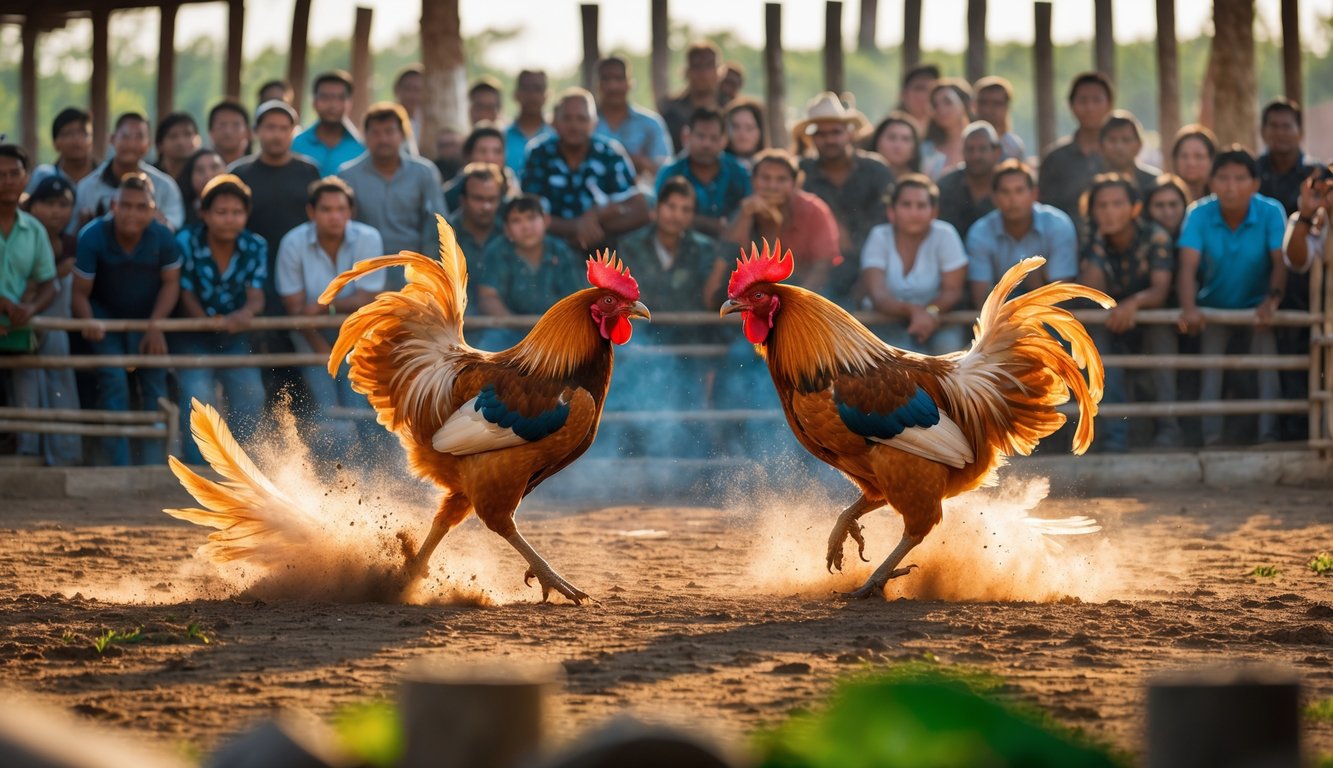 Dua ayam jago sedang bertarung di arena sabung ayam dengan penonton yang antusias menyaksikan dari sekeliling.