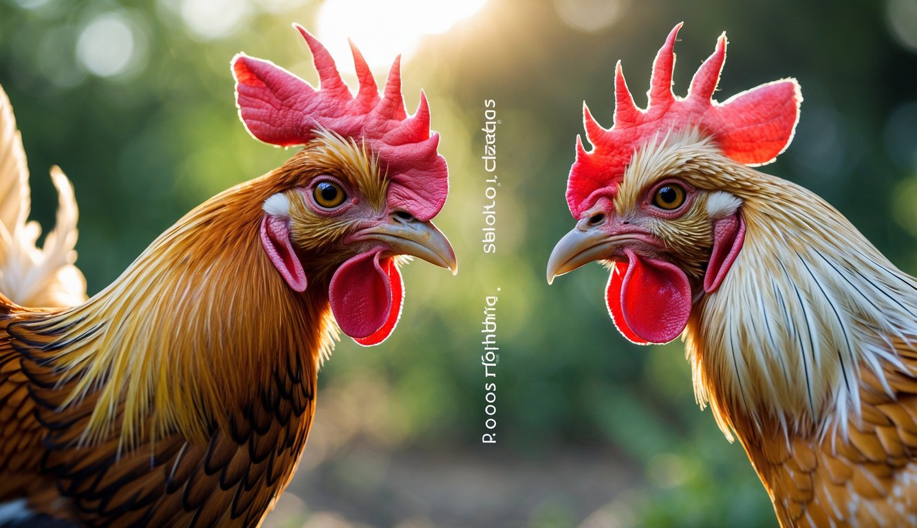 Dua ayam jantan saling berhadapan di luar ruangan dengan latar belakang tanaman hijau.